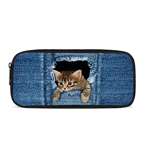 chaqlin Denim Cat Federmäppchen für Jungen Mädchen, niedliche Schule Büro Stiftetaschen Federmäppchen Reißverschluss Schreibwarentaschen Stiftebox Organizer für Kinder, Teenager, Erwachsene, Blau von chaqlin