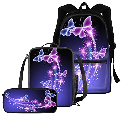 chaqlin Galaxy Space Schmetterlinge bedruckter Rucksack für Mädchen, 3-teiliges Schultaschen-Set mit Schmetterlings-Lunchbags, niedliches Federmäppchen für Kinder, Teenager, Rucksack-Set von chaqlin