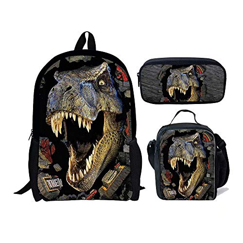 chaqlin Kinder Dinosaurier Schultasche Set 3pcs für Jungen Mädchen,3D Tier Dinosaurier zurück zu Schulrucksack Kinder Buchtaschen,Lunch Tasche,Mäppchen von chaqlin