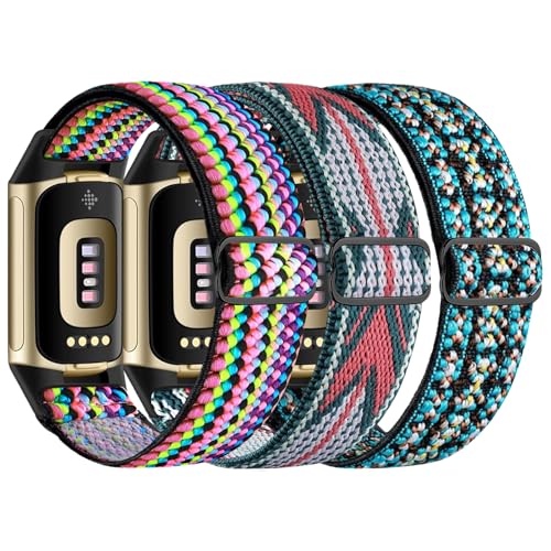 chinbersky Elastisches Armband Kompatibel mit Fitbit Charge 6/Charge 5 Armband, Verstellbares Nylon Stoff Dehnbare Atmungsaktiv Sport Band für Damen Herren von chinbersky