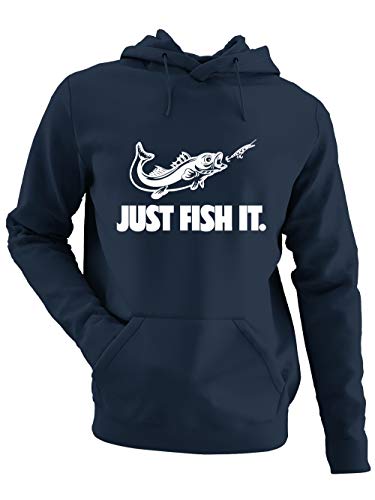 clothinx Herren Kapuzen-Pullover Angler Sprüche Just Fish it Navy/Weiß Größe 3XL von clothinx