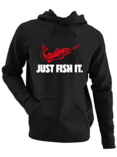 clothinx Herren Kapuzen-Pullover Angler Sprüche Just Fish it Schwarz/Weiß/Rot Größe L von clothinx