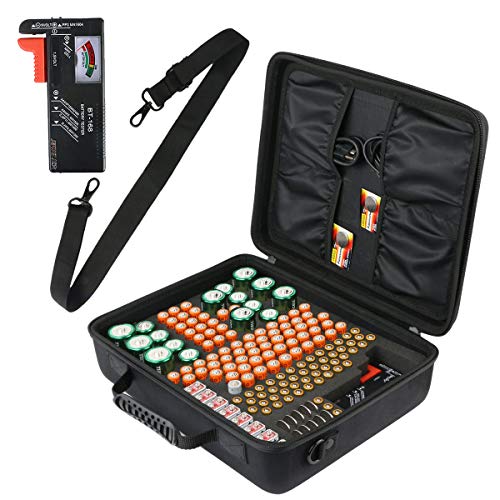 co2CREA Batterie Aufbewahrungsbox mit Schultergurt Für Batterieorganisator mit Batterietester (BT-168), Tragetasche Batteriebox Hält 153 Batterien AA AAA C D 9V Lithium 3V (Ohne Batterien) von co2CREA