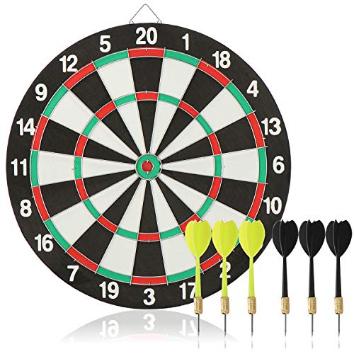 com-four® 7-teiliges Dart-Set, Klassische Dartscheibe mit 6 Steel-Darts (Metall) in 2 Farben, Dartboard und Pfeile, Rückseite ist Zielscheibe (40.5cm) von com-four