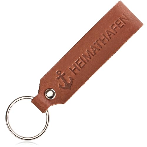 com-four® Schlüsselanhänger aus Leder mit Ring - Echt-Lederanhänger mit geprägter Aufschrift und Schlüsselring - Lederband für den Schlüsselbund - individueller Schlüsselbundanhänger (HEIMATHAFEN) von com-four