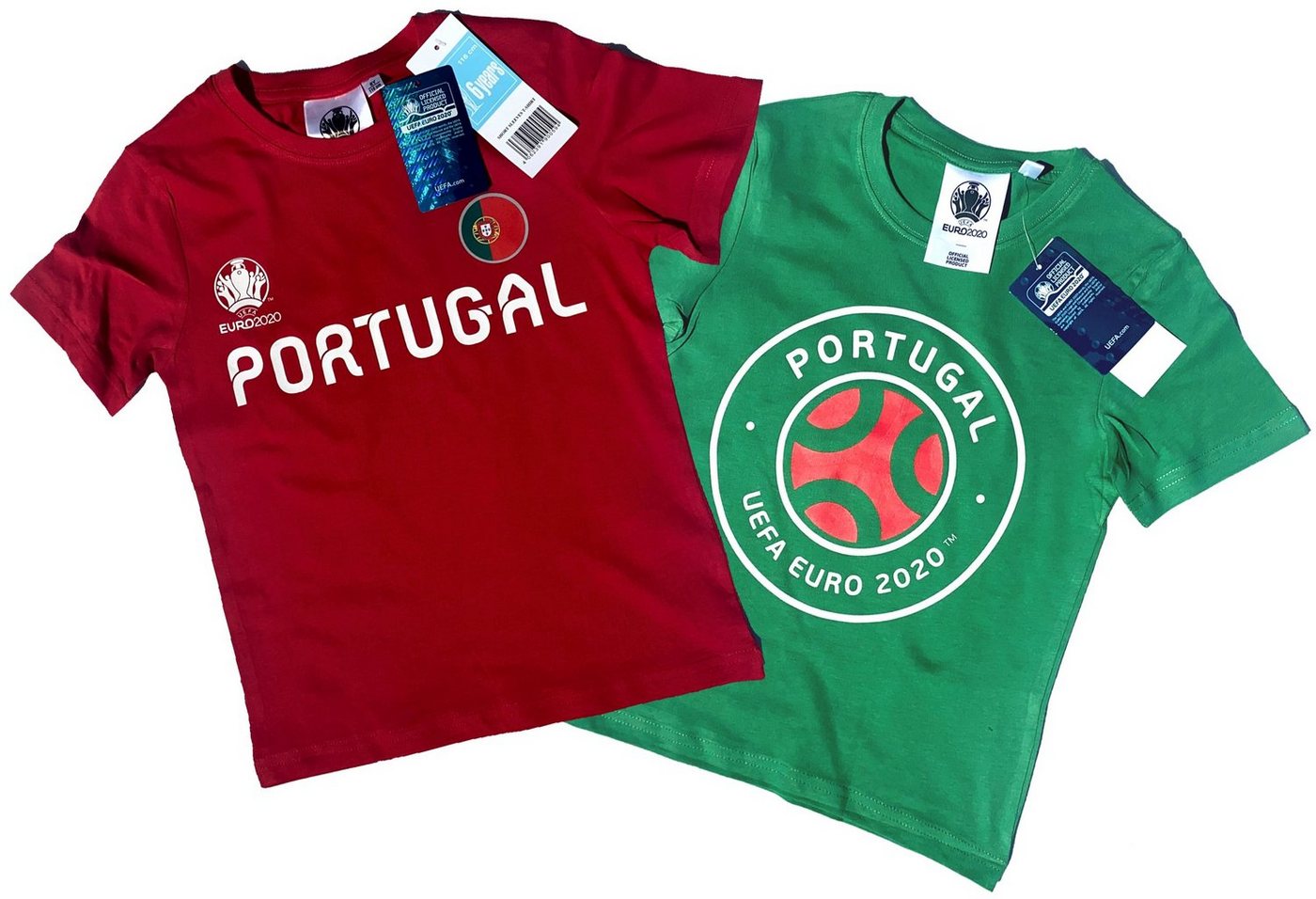coole-fun-t-shirts T-Shirt 2x PORTUGAL Kinder T-Shirt EURO 2020 / 2021 Fußball Trikot Shirt DOPPELPACK rot und grün Europameisterschaft Jungen + Mädchen 6 8 10 12 Jahre Gr.116 128 140 152 (2er-Pack) von coole-fun-t-shirts