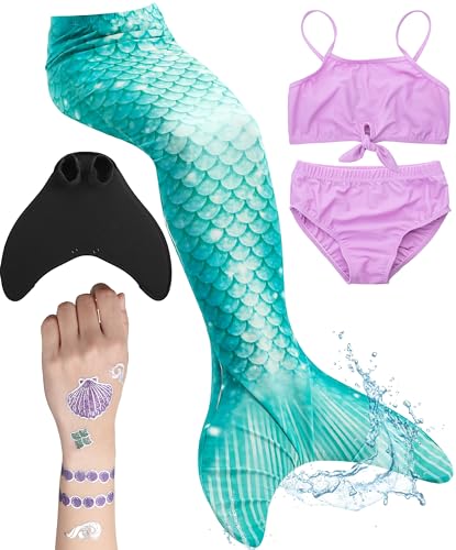 Meerjungfrauenflosse für Mädchen, Kinder, Jugendliche Schwimmfosse mit Bikini und Tattoos | türkis lila von corimori