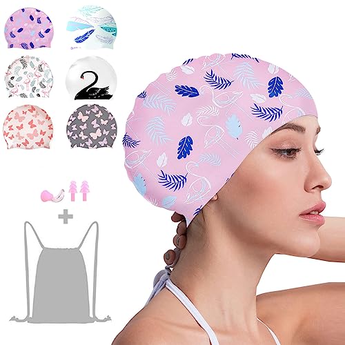 Crazy Bean Silikon Badekappe Damen Schwimmkappe mit Ohrstöpsel und Nasenklemme Dehnbare Bequeme für langes Haar Mode Swim Cap(Flamingo-Rosa) von crazy bean