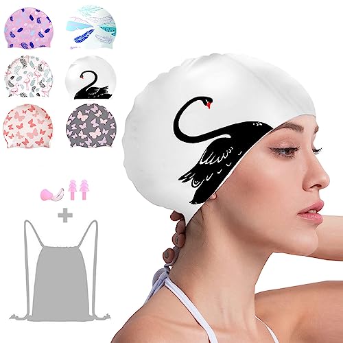 Crazy Bean Silikon Badekappe Damen Schwimmkappe mit Ohrstöpsel und Nasenklemme Dehnbare Bequeme für langes Haar Mode Swim Cap(Schwarzer Schwan) von crazy bean