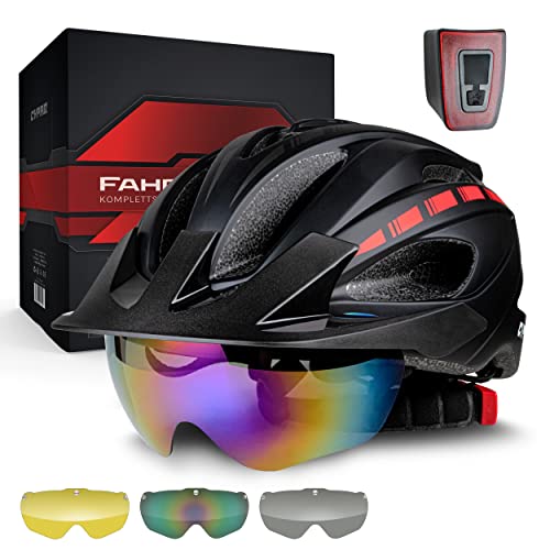 CYPAQ Fahrradhelm mit Visier - Fahrradhelm Herren & Damen M/L - 3 Magnetische Visiergläser - City-, Trekking- & Rennradhelm mit integriertem Licht, Waschbares Polster & Beutel (L) von cypaq