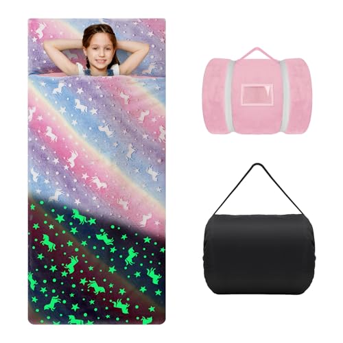 Leuchtendes Schlafsack Kinder Doppelter Reißverschluss Weich Warm, Faltbare Kinderschlafsack mit Kissen Abnehmbar für Mädchen Jungen, Schlafsack für Outdoor Indoor Camping, 170×75cm Einhorn von decalsweet