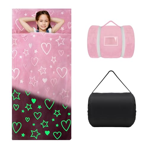 Leuchtendes Schlafsack Kinder Doppelter Reißverschluss Weich Warm, Faltbare Kinderschlafsack mit Kissen Abnehmbar für Mädchen Jungen, Schlafsack für Outdoor Indoor Camping, 170×75cm Rosa Herz von decalsweet