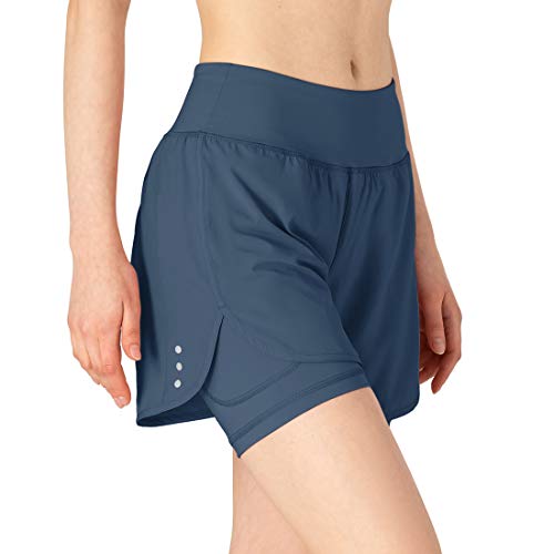 donhobo 2-in-1-Laufhose für Damen Schnell trocknend Atmungsaktiv Aktiv-Training Jogging Shorts Yoga Fitness Kurze Hose (Grau blau, L) von donhobo