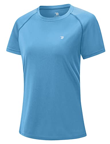donhobo Damen T-Shirt Kurzarm Sommer Leicht Atmungsaktiv Schnell trocknend Sportshirts Rundhals Laufshirt Gym Fitness Yoga Tops (Azurblau, XL) von donhobo