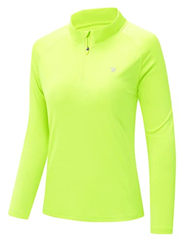donhobo Sport T-Shirt Damen Langarmshirt Workout Tops 1/4 Reißverschluss Athletisch Lässig Laufen Yoga Fitness T-Shirts Schnelltrocknend (Fluoreszierendes Grün, L) von donhobo