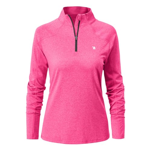 donhobo Sportshirt Damen Langarm Laufshirt Funktionsshirt Atmungsaktiv Sporttop Trainingsshirt Yoga Shirts mit 1/4 Reißverschluss (Rosenrot, XL) von donhobo