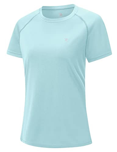 donhobo T-Shirts für Damen Sportshirt Kurzarm mit Reflexstreifen Leicht Atmungsaktiv Stretch Funktionsshirt Rundhals Tshirt Schnelltrocknend Laufshirt (Hellblau, L) von donhobo