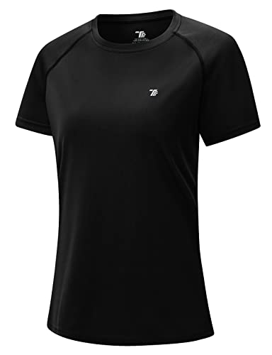 donhobo T-Shirts für Damen Sportshirt Kurzarm mit Reflexstreifen Leicht Atmungsaktiv Stretch Funktionsshirt Rundhals Tshirt Schnelltrocknend Laufshirt (Schwarz, XL) von donhobo