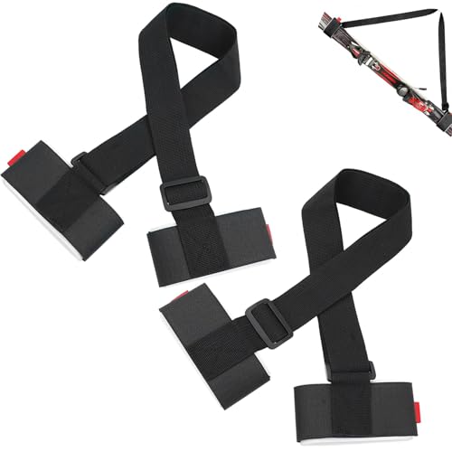 2 Pack Ski Carrier Strap, Verstellbare Schulter Carrier Lash Griff Riemen mit Gepolstertem Klettverschluss für einfaches Tragen von Ski und Stöcken, Langlebig und Komfortabel, Schwarz, 65-115 cm von eModwey