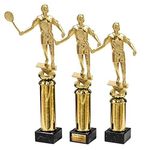 eberin · Badminton Pokal · Federball Trophäe · Badmintonspieler auf Goldsäule/Marmor schwarz · Pokal in 3 Größen erhältlich · mit oder ohne Gravur · (Größe: 30cm) von eberin