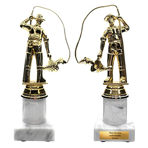 eberin · Angeln Pokal · Angler mit Fisch Gold auf Säule/Marmor weiß, Angel Auszeichnung mit Wunschtext · Angelverein Cup von eberin