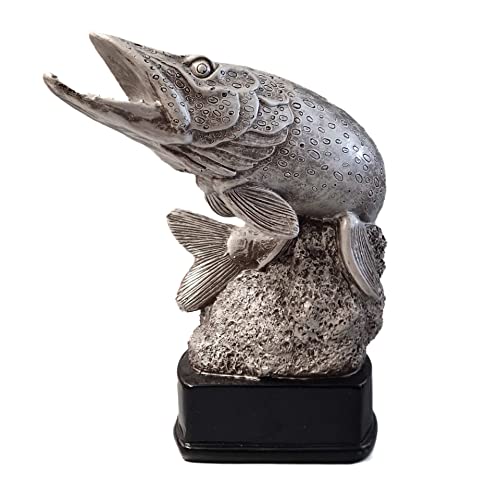 eberin · Angler Pokal · Angeln Pokal · Raubfisch Trophäe · Fisch Figur Silber · Hecht auf schwarzem Sockel · Wanderpokal · mit Wunschtext · Größe 20 cm von eberin