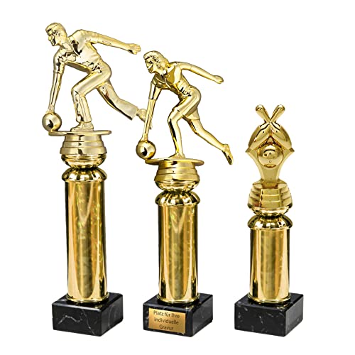 eberin · Bowling Pokale 3 Figuren zur Auswahl Mann, Frau, Bowlingkegel/Bowlingkugel auf Goldsäule/Marmor schwarz · Pokal · Pudelkönig Preis · mit Wunschgravur (Figur Mann/H: 28,5cm) von eberin