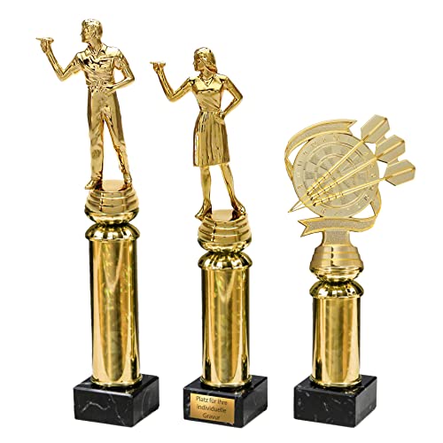 eberin · Dart Pokale 3 Figuren Mann, Frau, Dartscheibe/Dartpfeile auf Goldsäule/Marmor schwarz · Dart Trophäe · Dart Preis · Dartclub Award · Pokal mit Gravur · (Damen/H: 28,9cm) von eberin