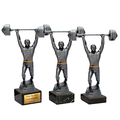 eberin · Gewichtheben Pokale mit Wunschtext · Auszeichnung · Resinfigur Gewichtheber im Reißen Altsilber/Gold auf Marmorsockel · Weightlifting Pokal in 3 Größen erhältlich · (18,2 cm) von eberin