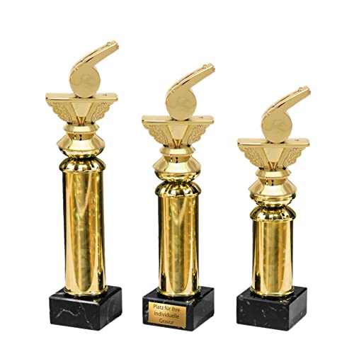 eberin · Schiri Pokal mit Gravur/Wunschtext · goldene Schiedsrichterpfeife auf Goldsäule/Marmor · Schiedsrichter/Referee Pokal in 3 Größen erhältlich · (22,0 cm) von eberin