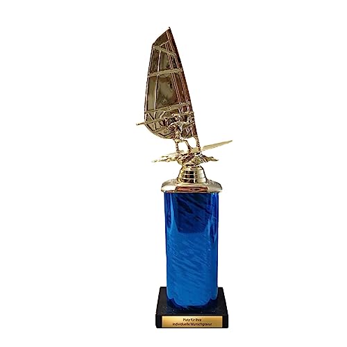 eberin · Surf Pokal · Surfbrett | Segel | Surfer Gold auf Säule Blau · XL Nordsee Surf CUP · großer Windsurfer/Windsurfing Pokal mit oder ohne Gravur · von eberin