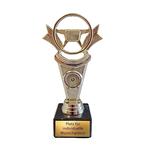 eberin · Tuning Pokal · Bester Hobby Schrauber · Tuner Award · Goldenes Lenkrad · Speichenfelgen Gold · Autowerkstatt Pokal auf Marmor · KFZ Mechaniker Pokal personalisierbar mit Wunschgravur von eberin
