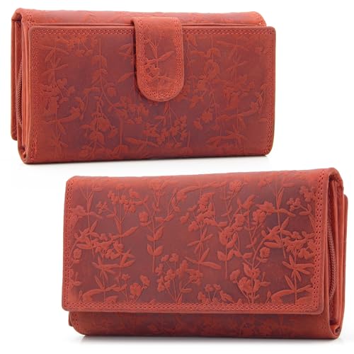 ekavale Damen-Geldbörse groß im Langformat Portemonnaie mit Druckknopf und RFID- Schutz, Geldbörse mit Blüten Muster (Rot) von ekavale