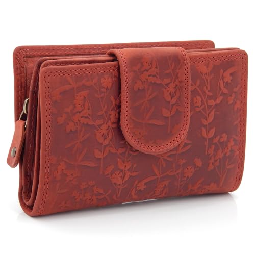 ekavale Damen-Portemonnaie im Querformat, Blütenmuster, RFID-Schutz, Leder, viele Fächer, dreigeteiltes Münzfach (Rot) von ekavale