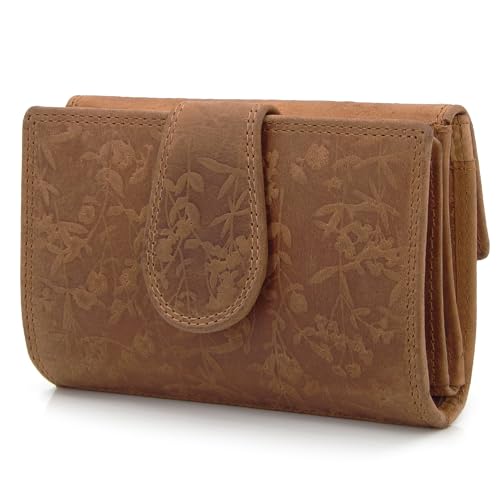 ekavale Frauen-Portemonnaie mit Blütenmuster, Leder Geldbörsel für Damen mittelgroß, Riegelverschluss, RFID-Schutz (Braun) von ekavale