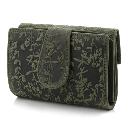 ekavale Frauen-Portemonnaie mit Blütenmuster, Leder Geldbörsel für Damen mittelgroß, Riegelverschluss, RFID-Schutz (Grün) von ekavale