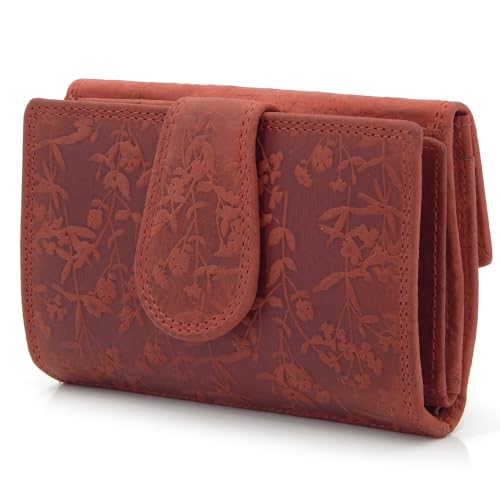 ekavale Frauen-Portemonnaie mit Blütenmuster, Leder Geldbörsel für Damen mittelgroß, Riegelverschluss, RFID-Schutz (Rot) von ekavale