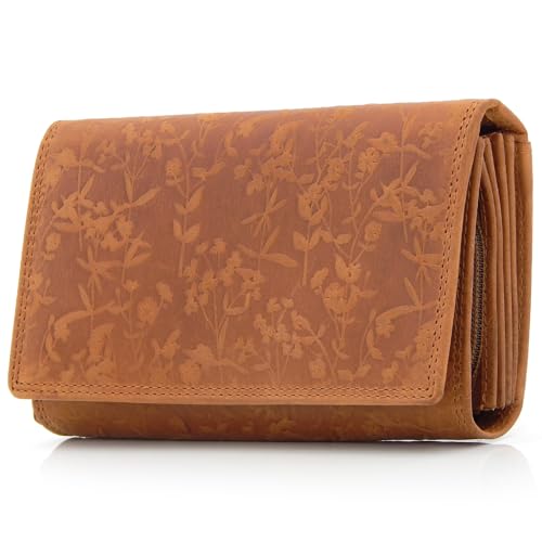 ekavale Portemonnee für Damen mit Blüten Muster RFID-Schutz, Leder Geldbörse Langformat mit Druckknopf (Braun) von ekavale