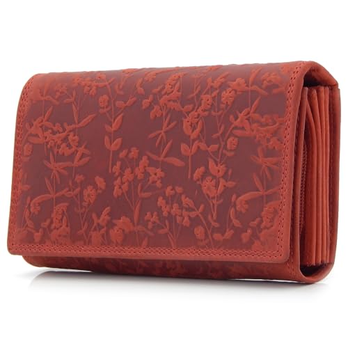 ekavale Portemonnee für Damen mit Blüten Muster RFID-Schutz, Leder Geldbörse Langformat mit Druckknopf (Rot) von ekavale