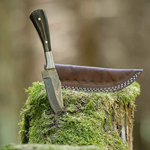elToro Steel Horn - Damast - Jagdmesser - 10cm - inkl. Lederscheide; Messer für Camping, Outdoor, Survival, Wald und Forst von elToro