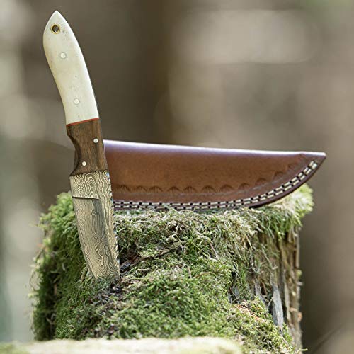 elToro Walnut Horn - Damast - Jagdmesser - 10cm - inkl. Lederscheide; Messer für Camping, Outdoor, Survival, Wald und Forst von elToro