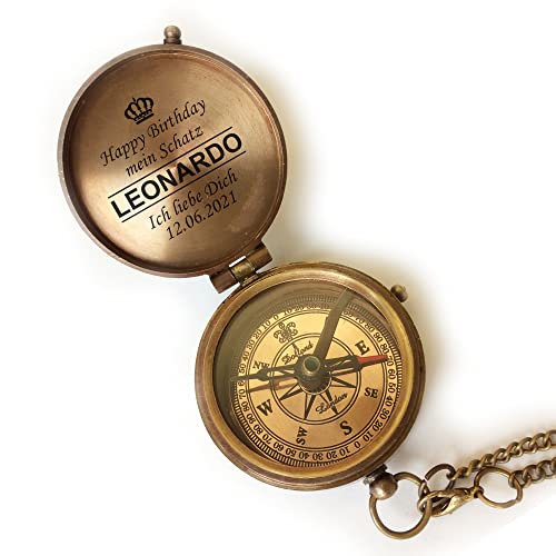 Personalisierter Kompass Messing Vintage Optik mit Wunschgravur Dein Name und Text Verschiedene Designs tolle Geschenkidee Ledertasche Holzbox (nur Kompass) von elbedruck