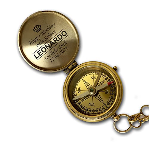 elbedruck Personalisierter Kompass Messing poliert mit Wunschgravur und Ledertasche Dein Name Text Verschiedene Designs tolle Geschenkidee Vintage (Kompass Ledertasche), Goldfarben von elbedruck
