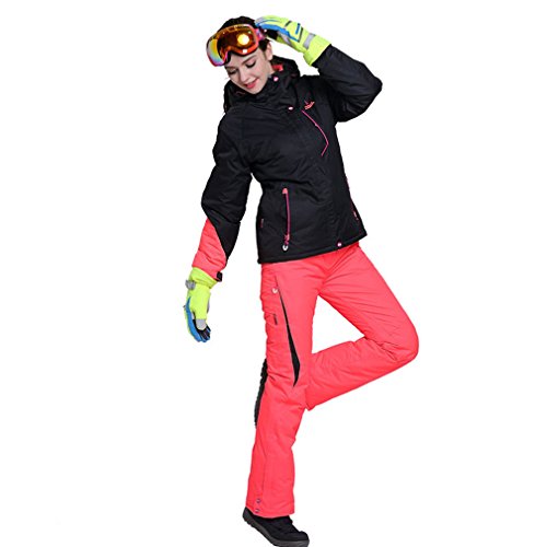 emansmoer Damen Skianzug Wasserdicht Outdoor Wintersport Schneejacke Frauen Kapuze Baumwolle gepolstert Mantel mit Skihose Salopettes (Medium, Schwarz(8037) + Orange) von emansmoer