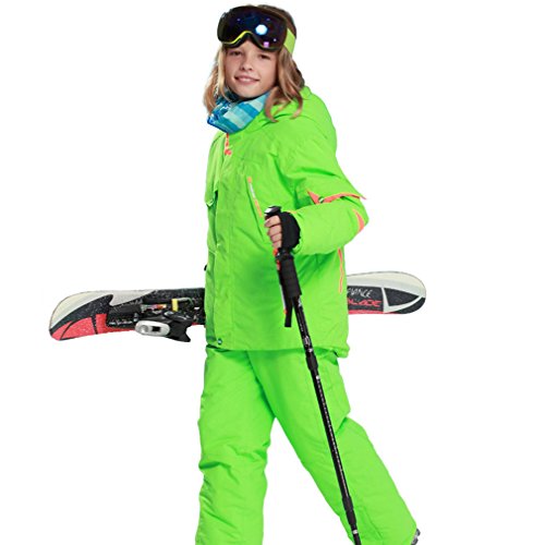 emansmoer Kinder Jungen Skianzug Wasserdicht Outdoor Wintersport Snowboardingjacke Baumwolle gepolstert Mantel mit Schneehose Salopettes (146/152, Grün(81606) + Grün) von emansmoer
