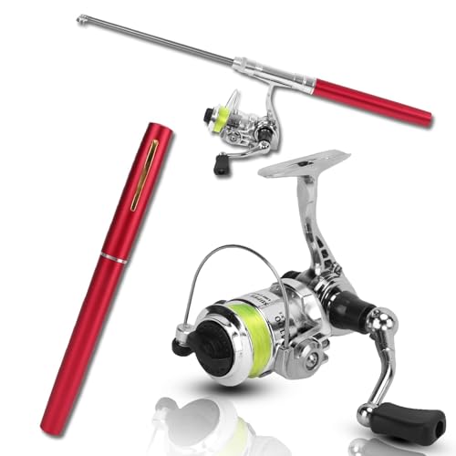 Mini-Angelruten- und Rollen-Kombinationen in Stiftform, tragbare Mini-Angelrute in Stiftform, Taschen-einziehbare Angelrute mit Rollenrad zum Angeln (Rot) von equlup