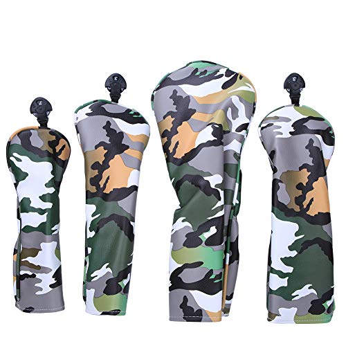 equlup 4PCS PU Leder Golf Headcovers Golf Fahrer FW Holz Hybrid Head Cover Golf Klinge Putter Abdeckung Golf Club Covers Fahrer Headcover (Camouflage Green) von equlup