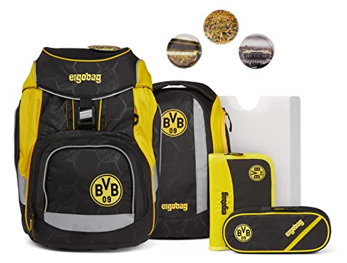 ergobag pack Set ergonomischer Schulrucksack, Set 6-teilig, Borussia Dortmund - Schwarz, Einheitsgröße von ergobag