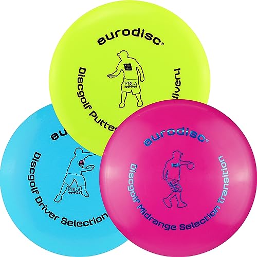 Eurodisc Disc Golf Frisbee Einsteiger Starter Set besonders hochwertig haltbar Selection Putter Midrange Driver (GelbPinkBlau) von eurodisc