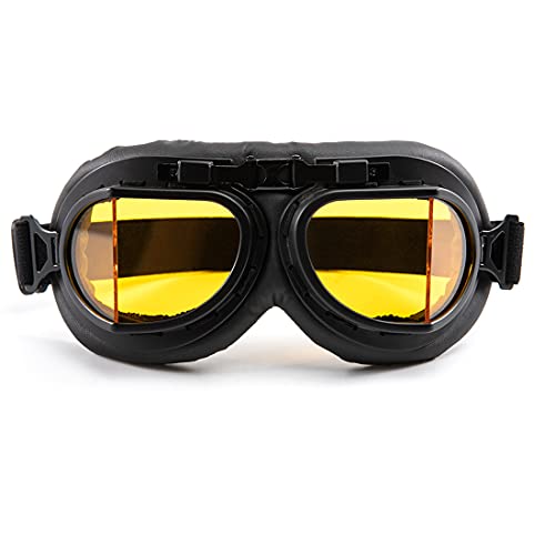 Motorradbrille Retro Windschutz Augenschutzbrille Pu Leder Reitbrille für Herren Damen (Gelbe Linse) von evomosa